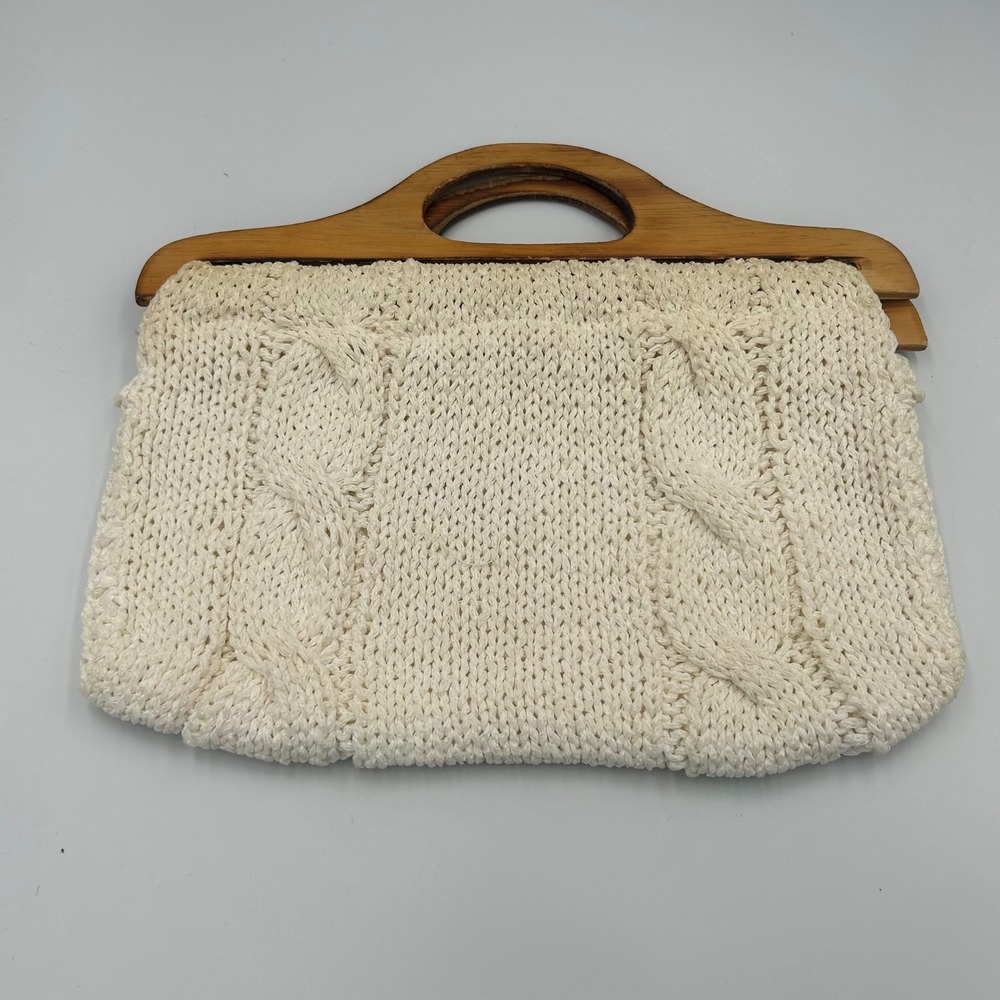 Marcus Brothers Handbag Women OS Cream White Cable Knit Wood Handle Italy B-023